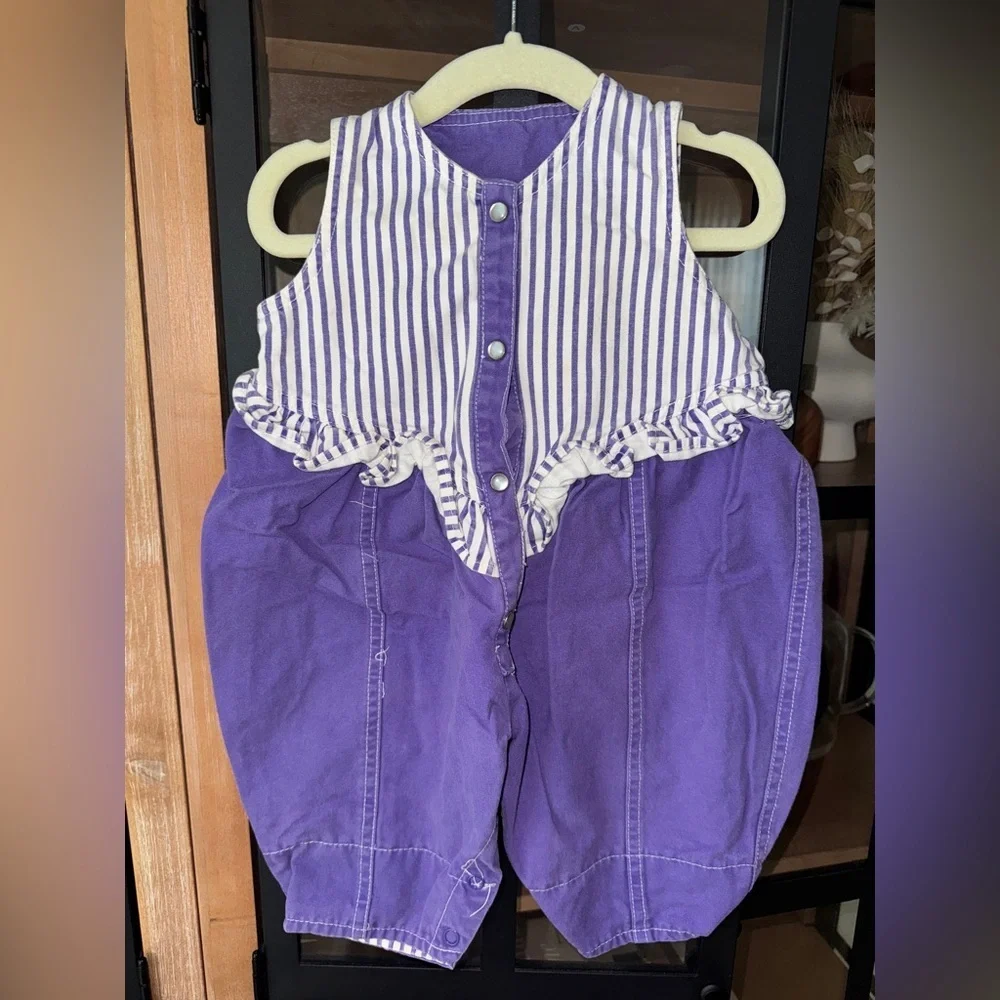 Vintage 90s striped coverall pearl ruffle baby girl playsuit western denim